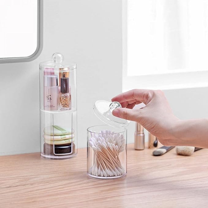 Sizikato 2pcs Clear Acrylic Q-Tip Holder for Bathroom, Round Cotton Swab Dispenser with Lid