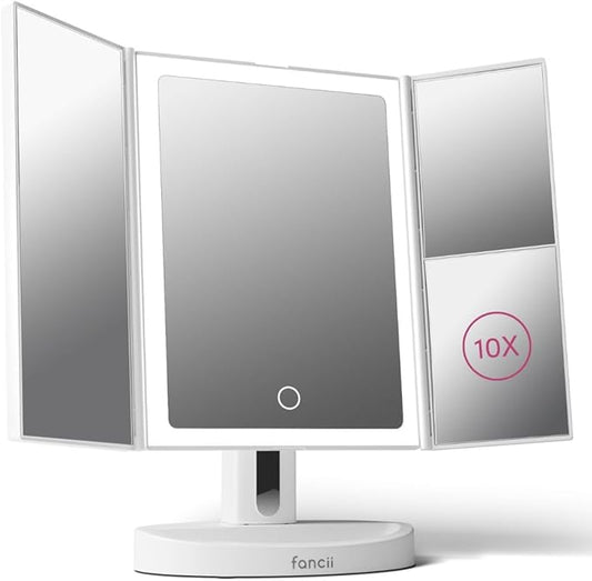 Fancii LED Lighted Vanity Makeup Mirror, Rechargeable Trifold Mirror with 5X & 10x Magnifications - 68 Dimmable Natural Lights, Touch Screen, Best Adjustable Make Up Mirror with Cosmetic Stand