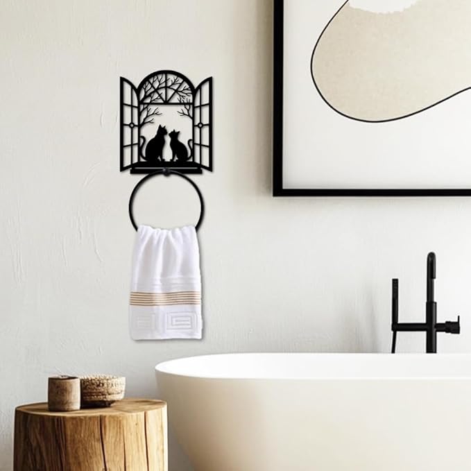 MAYJOYDIY Cat Shape Metal Towel Ring Round Window Cat Hand Towel Holder Ring Hanger Black Vintage Towels Wall Organizer for Kitchen Bath Home Laundry Room Decors Gifts
