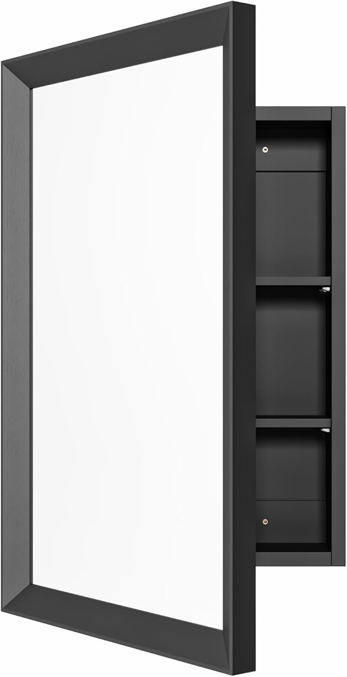AGDULL Retro-Style Medicine Cabinet with 17’’x27’’ Solid Wood Mirror Frame, Bathroom Recessed Wall Cabinet, Living Room Wood Storage Cabinet, Black