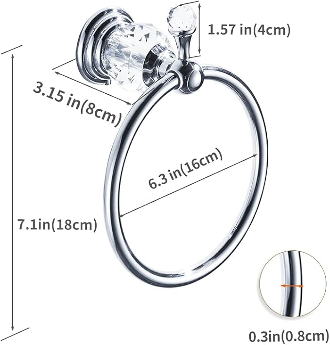 WOLIBEER Chrome Towel Ring, Crystal Hand Towel Holder Polished Bath Towel Bar Bling Bathroom Accessories Wall Mounted