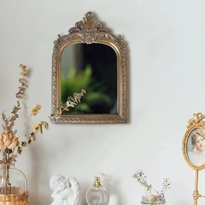 Bronze Vintage Vanity Desk Makeup Mirror Antique Decorative Wall Mirror,Resin Carved Arched Mirror for Living Room,Bedroom Dresser,Home Decor ﻿ (Large)