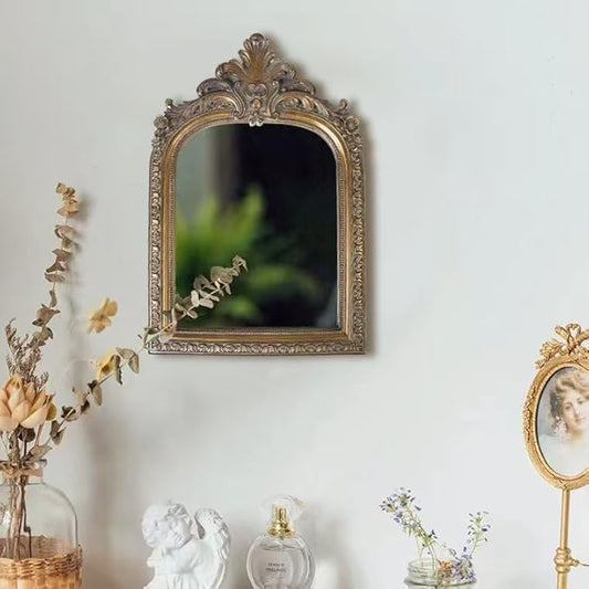 Bronze Vintage Vanity Desk Makeup Mirror Antique Decorative Wall Mirror,Resin Carved Arched Mirror for Living Room,Bedroom Dresser,Home Decor ﻿ (Large)