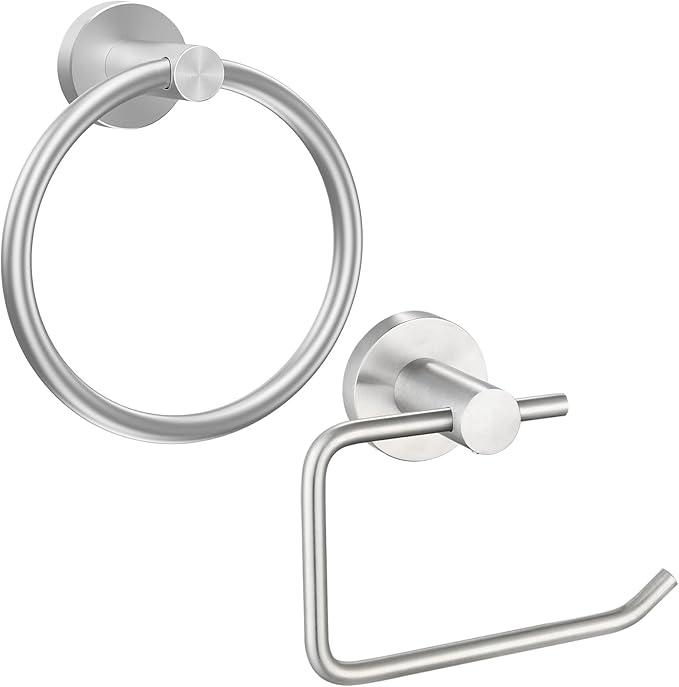 Towel Ring and Toilet Paper Holder Set, Stainless Steel Bath Towel Hanger and Tissue Roll Holders, Bathroom Hardware Accessories Wall Mounted 2 Pieces (Brushed Nickel)