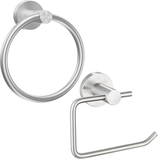 Towel Ring and Toilet Paper Holder Set, Stainless Steel Bath Towel Hanger and Tissue Roll Holders, Bathroom Hardware Accessories Wall Mounted 2 Pieces (Brushed Nickel)