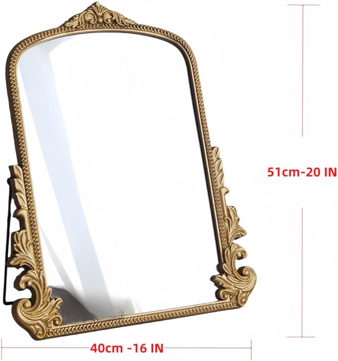 HSDDHOME 16x20 Inch Large Vintage Gold Table Mirror - Antique Wooden Frame Vanity Mirror with Foldable Stand for Makeup, Décor & Gifts