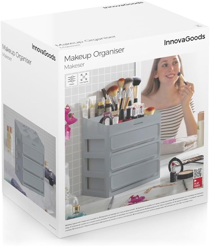 InnovaGoods® Makeup Organizer with 3 Drawers, 9 Compartments, Removable Tray, Bathroom or Bedroom Storage for Lipsticks, Palettes, Creams, Makeup Display Set, Grey