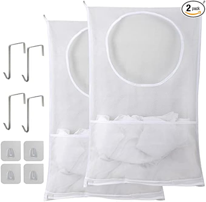 Hanging Laundry Hamper, Over The Door Laundry Hamper, Mesh Hanging Laundry Bag with Pockets Zipper Foldable Lightweight, For Rv Camper Apartment College Dorm Room Storage Small Space Organizer, 2 Pack