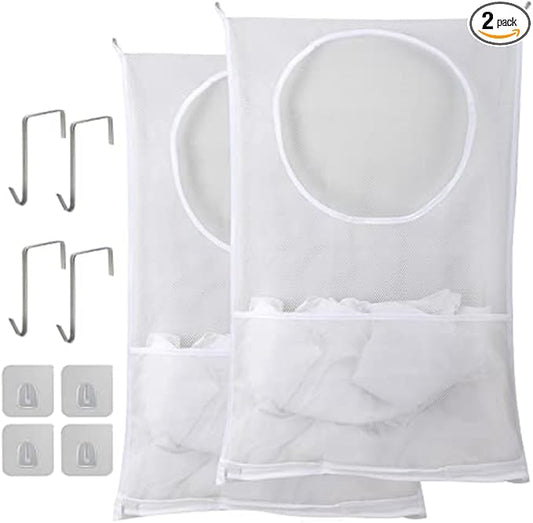 Hanging Laundry Hamper, Over The Door Laundry Hamper, Mesh Hanging Laundry Bag with Pockets Zipper Foldable Lightweight, For Rv Camper Apartment College Dorm Room Storage Small Space Organizer, 2 Pack