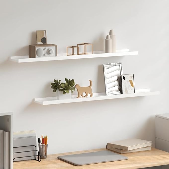 Set of 2 Floating Wall Shelves, 31.5 Inch Modern High Gloss White MDF Decorative Display Ledge for Bedroom, Living Room, Home Office Decor