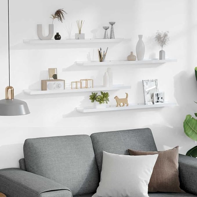 Wall Shelves Set of 4, High Gloss White Floating 31.5 Inch for Living Room Bedroom, Modern Decorative Storage Shelves for Plants Books Decor, Easy Mount MDF Board with Strong Load Capacity