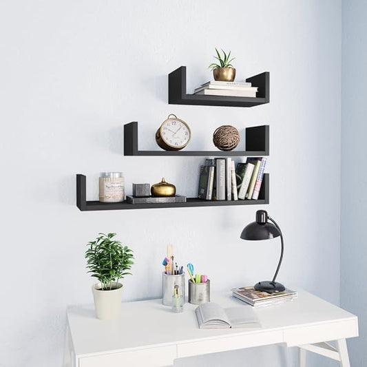 Set of 3 Floating Wall Shelves, Gray Engineered Wood U-Shaped Display Shelves for Living Room, Bedroom, Kitchen, Modern Wall Mounted Storage Rack, 23.6 Inch