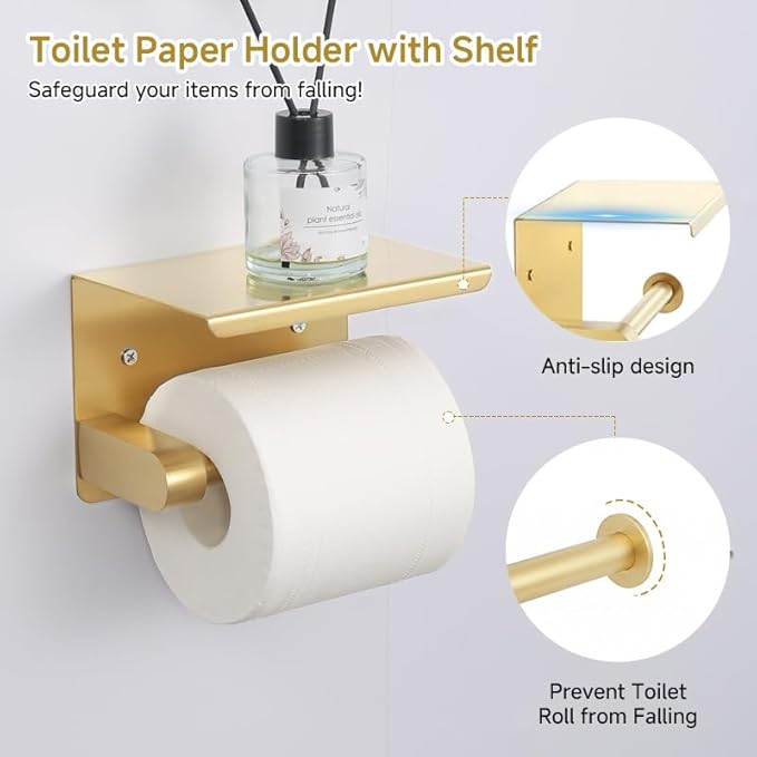 7-Piece Bathroom Hardware Accessories Set SUS304 Stainless Steel Towel Bar Set Wall Mounted 25.9-Inch Towel Rack, Towel Ring, Toilet Paper Holder with Shelf & 4 Hooks, Golden