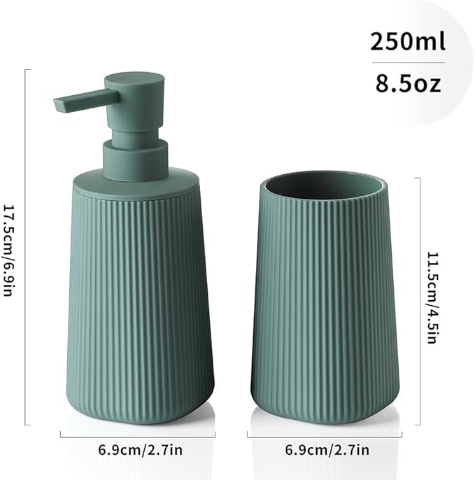 YAUKPH Bathroom Accessories Set 2 Piece Soap Dispenser and Toothbrush Holder for Bathroom Countertop Striped Green