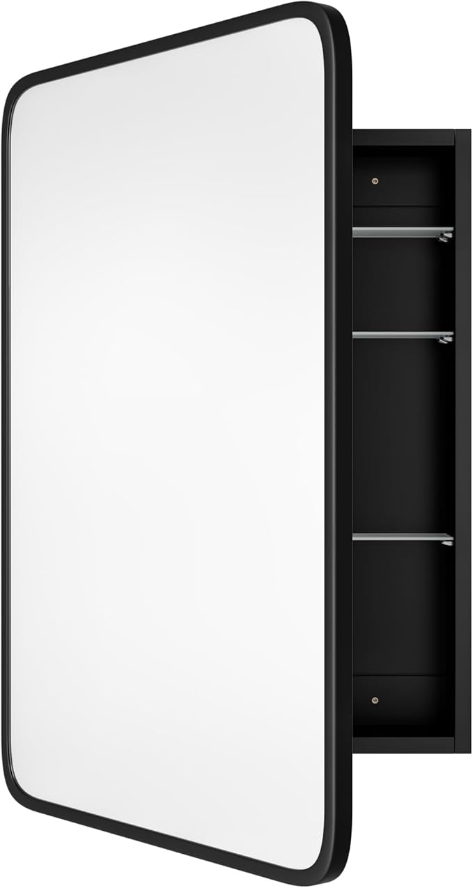 AGDULL Vintage-Style Bathroom Wood Black Cabinet with 17.5''x29'' Black Metal Frame Curved Mirror, Recessed Medicine Cabinet, Bathroom Storage Cabinet