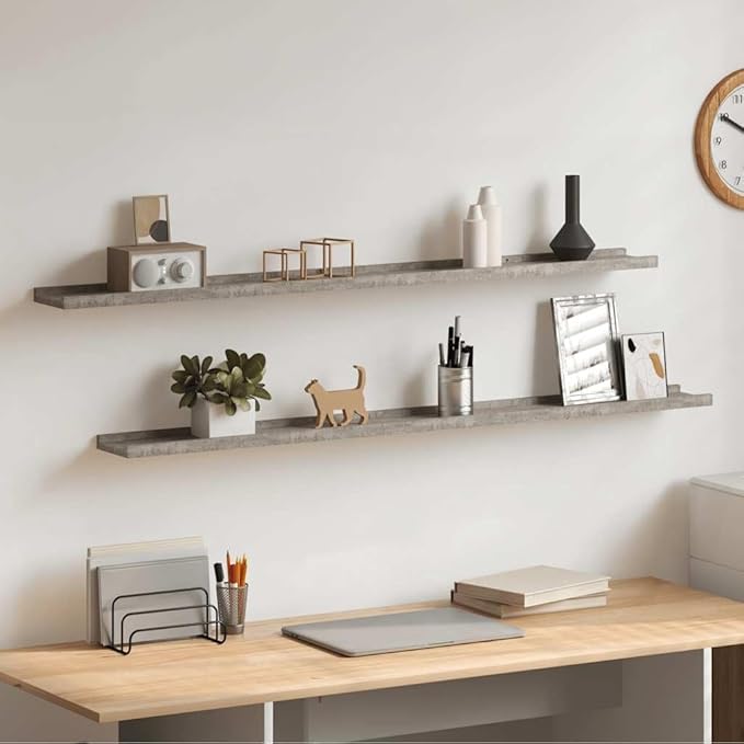 Set of 2 Floating Wall Shelves, 45.3 Inch Modern Concrete Gray MDF Long Ledge Shelf for Living Room Bedroom Decor, Display Storage Organizer