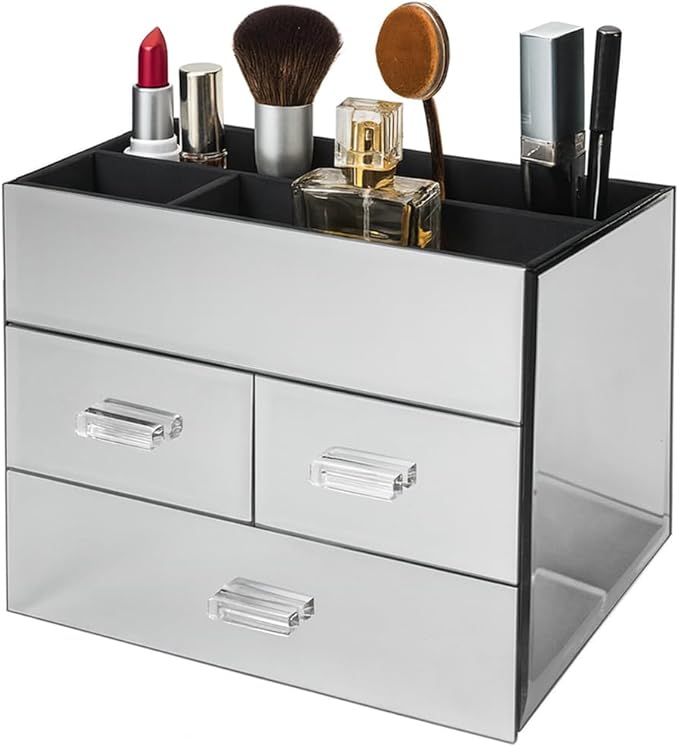 OnDisplay Miro 3 Drawer Mirrored Glass Makeup Organizer – Tiered Cosmetic Storage Box with Velvet Lined Compartments, Crystal Handles & 3 Pull Out Drawers for Vanity, Jewelry & Brushes (Silver)