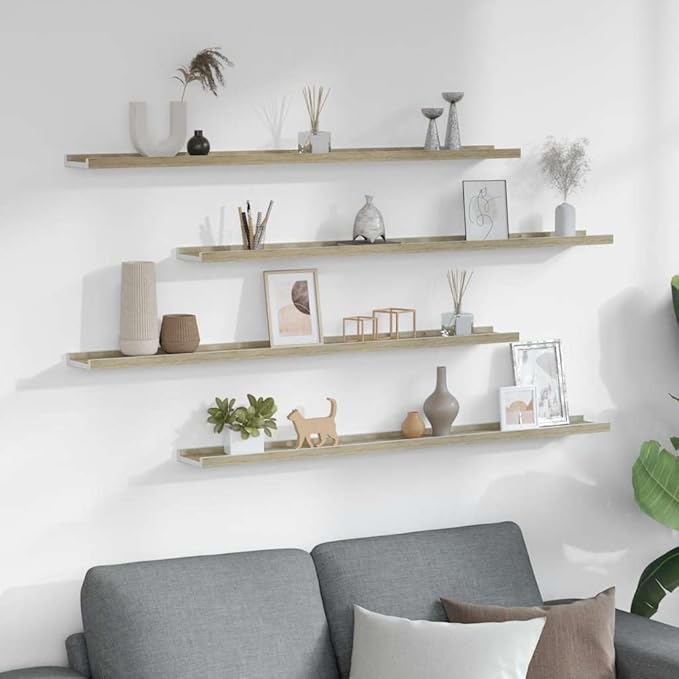 Set of 4 Floating Wall Shelves, Modern White and Sonoma Oak Display Ledges for Living Room Bedroom, 39.4 Inch Long Rectangular Decorative Storage Shelves