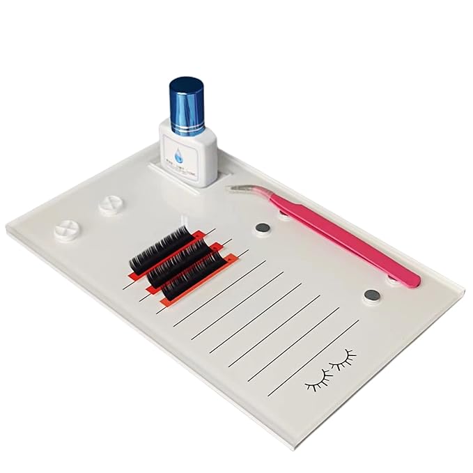 Acrylic Eyelash Grafting Pallet, Lash Tile holder, Bigger Size Glue Cups Eyelash Extensions Storage Gasket Pads with Magnetic Suction for 2 Tweezers (White-7.87x5.12in)