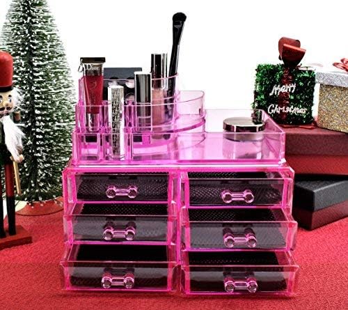Pink Acrylic Cosmetics Makeup Jewelry Organizer 6 Drawers with 8 Compartments Top Section ( idea for Christmas, birthday gift)