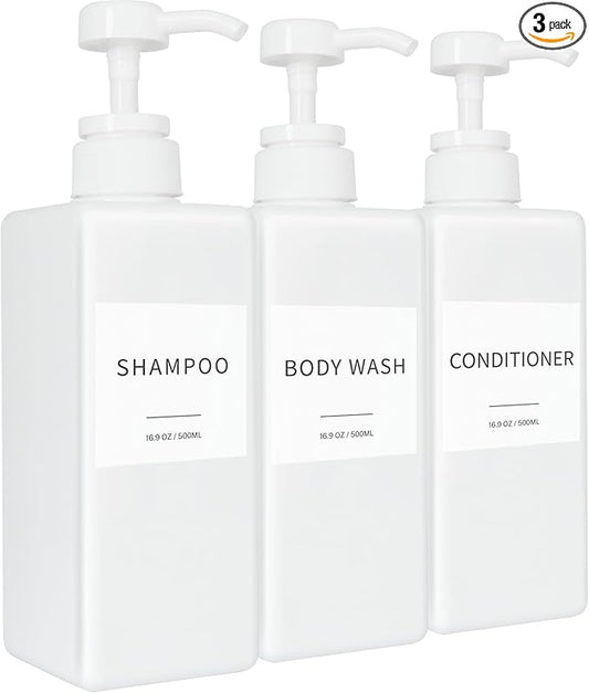 Shampoo and Conditioner Dispenser, Refillable Plastic Shampoo Pump Bottles with Waterproof Labels, Empty Body Wash Dispenser Set for Bathroom, Shower Soap Bottles (White, Set of 3, 16.9oz)