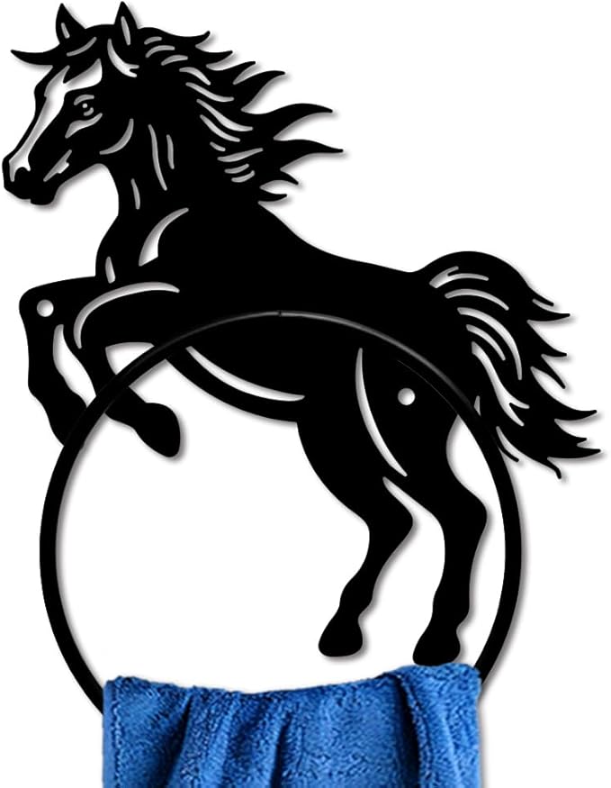 MAYJOYDIY Horse Metal Towel Ring Country Style Horse Towel Holder Horse Animal Towel Ring Black Plant Towel Rack Wall Mounted for Bathroom Kitchen Towel Hanger Home Decors Gift