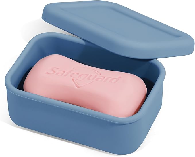 HighHerz Leak Proof Silicone Travel Soap Case with Draining Tray - Bar Soap Holder for Travel, Gym & Camping - Mess-Free Portable Soap Container for Carry-on Bags (Dark Blue)