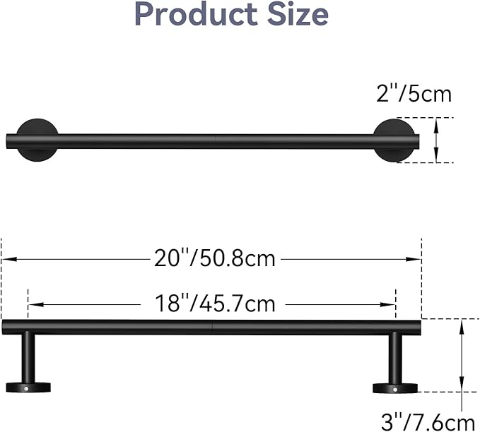 Matte Black Towel Bar, 18 Inch Towel Rack for Bathroom Wall-Mounted, SUS304 Stainless Steel, Total Length 20 Inch