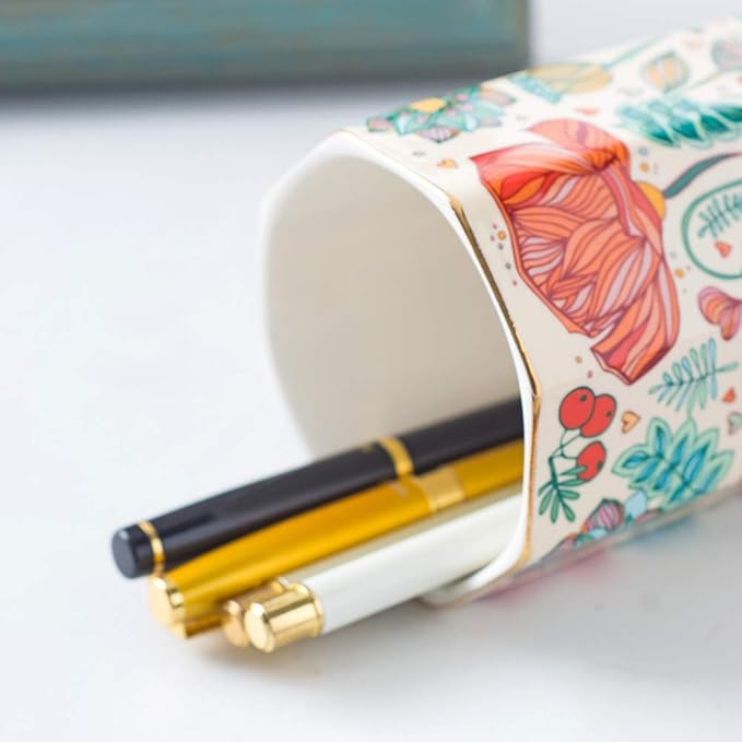 Ceramic Pen Holder For Desk Cute Flower Stand Aesthetic Floral Pencil Cup Pot Desk Organizer Makeup Brush Holder Gift for Girls Women (Flower)