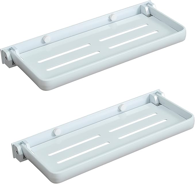 White Small Folding Wall Shelf, RV Aluminum Foldable Shelves, 90° Fold Up and Waterproof, Drop Down Floating Shelf for Kitchen, Toilet Room, Laundry Room, Small Space(2-Pack, White)