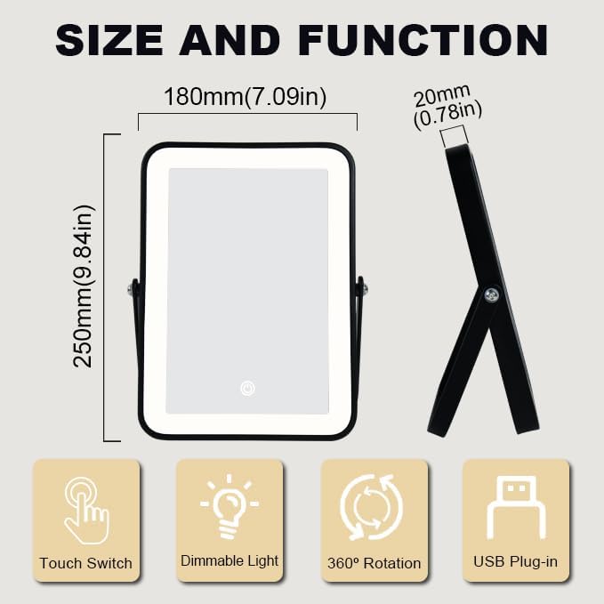 Rechargeable LED Vanity Mirror with Lights, 7"x10" Black Makeup Mirror with Lights, 3-Color Lighting, for Dorm, Livingroom, Gifts for Women