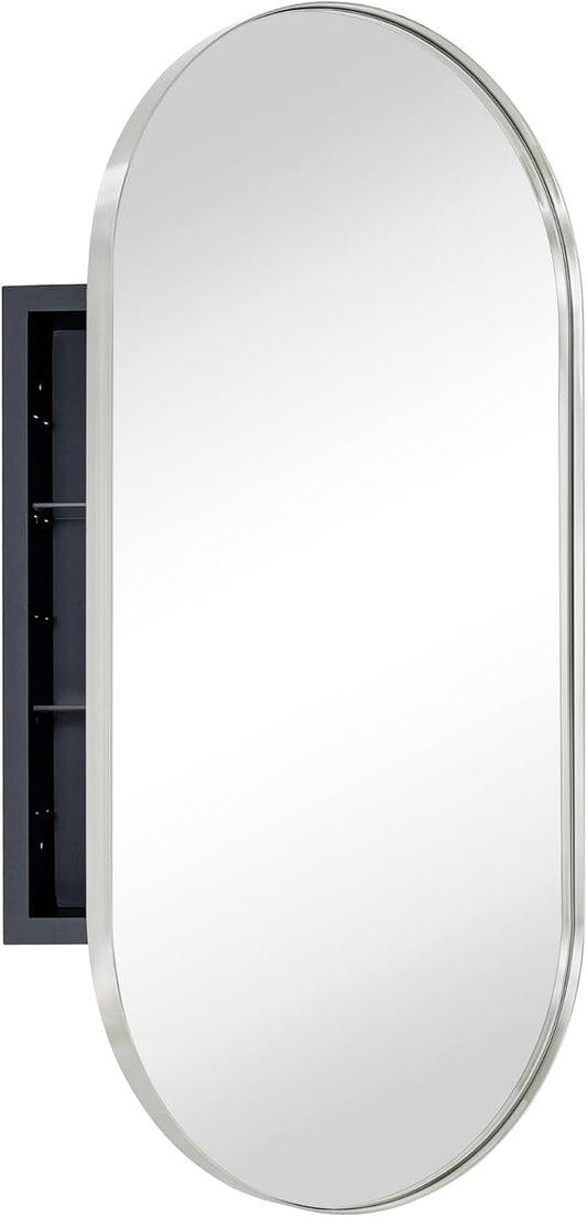 Brushed Nickel Oval Recessed Bathroom Medicine Cabinet with Mirror Stainless Steel Metal Framed Oblong Pill Shaped Bathroom Cabinet with Mirror 16x33''
