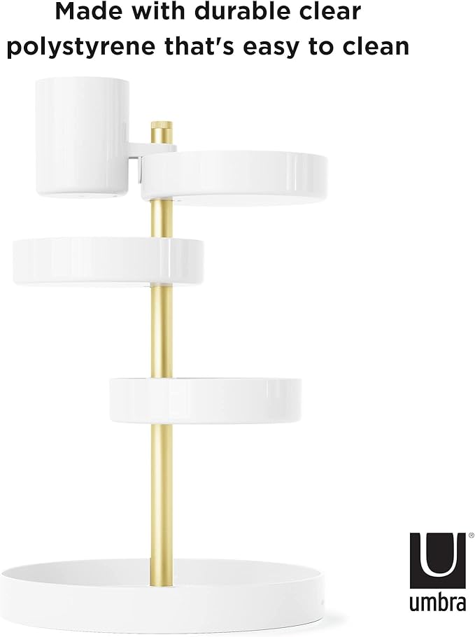 Umbra Pirouette Cosmetic Organizer, Large Capacity Makeup Storage with Adjustable Compartments, White/Brass