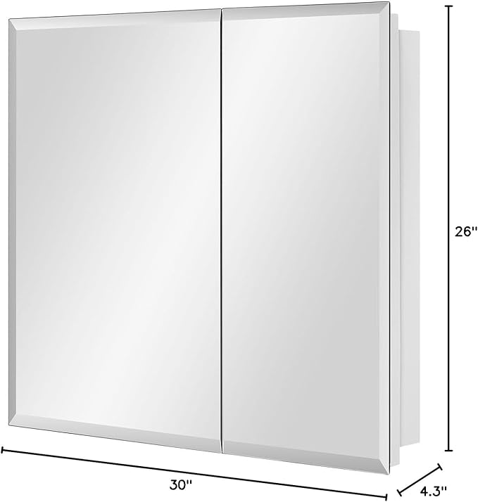 IDYLLOR Bathroom Medicine Cabinet with Beveled Edge Mirrored Door 30 x 26 inch, Recessed or Surface Mount, with Adjustable Glass Shelves