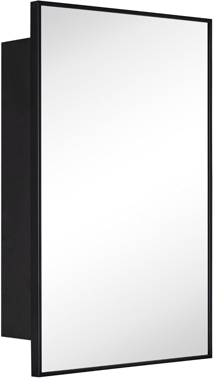 TEHOME 17.5'' x 29'' Black Recessed and Surface Mount Bathroom Medicine Cabinet with Mirror Matt Black Square Cornered Metal Framed Rounded Rectangle Medicine Cabinet Mirror
