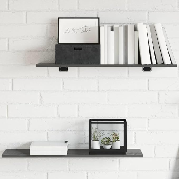 High Gloss Grey Engineered Wood Wall Mounted Shelf Set of 8, Modern Floating Shelves for Living Room and Kitchen Storage, Minimalist Design, Easy to Clean, Durable