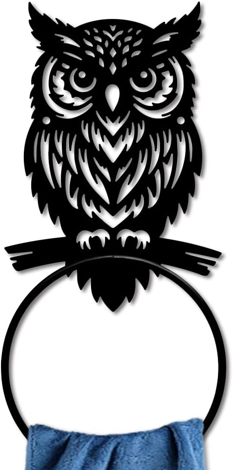 MAYJOYDIY Owl Metal Towel Ring Antique Night Owl Hand Towel Holder Round Animal Birds Towel Hangers Black Bathroom Towel Rack Wall Mounted for Kitchen Bath Home Laundry Room Decors Gifts