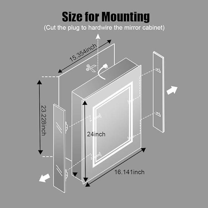 High-End Led Medicine Cabinet,Lighted Medicine Cabinet,3 Colors&Dimmable,Demister,Lighted Glass Shelf,USB Shaver Socket.Surface Mount or Recess Mount,16×24inch