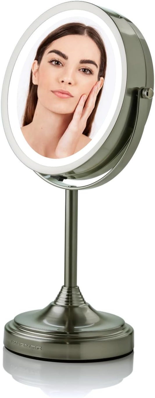 OVENTE 7'' Lighted Makeup Mirror with 1X/7X Magnification, Cordless Tabletop Mount Vanity Mirror with 360° Swivel Design & Double Sided Glow Cosmetic White LED Ring Light, Nickel Brushed MCT70BR1X7X