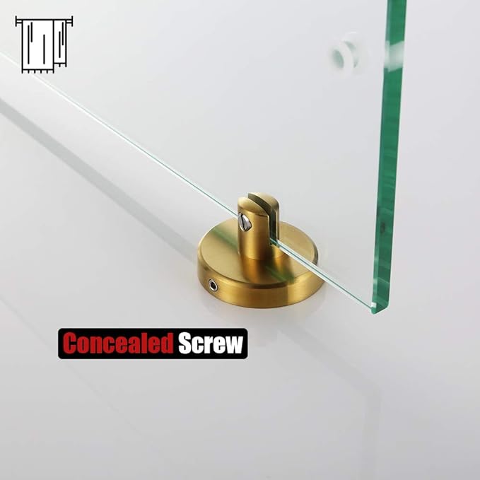 JQK Bathroom Glass Shelf, Shelf with 19 Inch Towel Bar Tempered Glass Shower Storage 20 by 5 inches, 304 Stainless Steel Brushed Gold Wall Mount, TGS100L20-BG