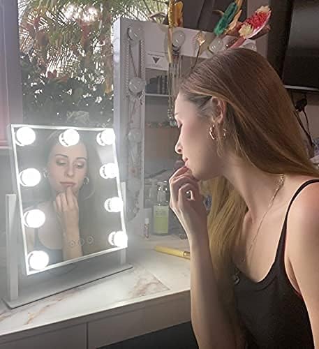 IMEASY Vanity Mirror with Lights，Hollywood Lighted Makeup Mirror with 3 Color Modes and 9 Dimmable Diamond LED Light Bulbs Detachable 10X Magnification 360° Rotation Touch Control