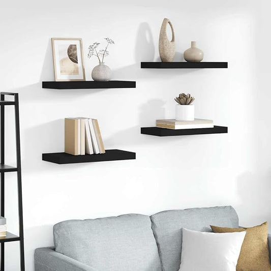Set of 4 Floating Wall Shelves, Modern Rectangular Matte Black Display Shelves for Bedroom Living Room, Durable Engineered Wood Wall Mounted Storage Organizers
