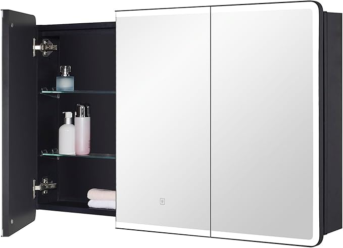 IDYLLOR Lighted Bathroom Medicine Cabinet with Round Corner Framed Mirror Door 40 x 25.5 inch, Recessed or Surface Mount, with Adjustable Glass Shelves