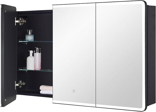 IDYLLOR Lighted Bathroom Medicine Cabinet with Round Corner Framed Mirror Door 40 x 25.5 inch, Recessed or Surface Mount, with Adjustable Glass Shelves