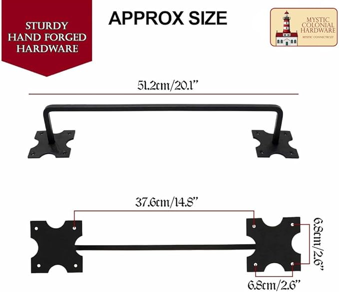 Mystic Colonial Cast Iron Towel Bar � 20 Inch Hand-Forged Rustic Wall Mounted Metal Rack for Bathroom, Kitchen, or Entryway � Vintage Black Heavy-Duty Towel Holder