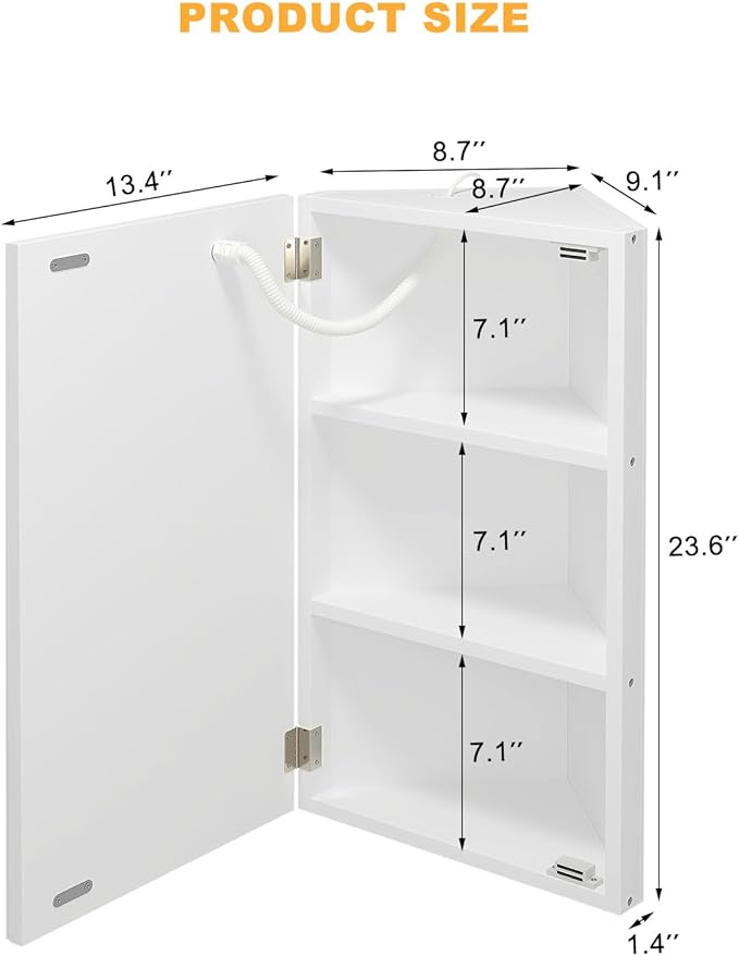 Corner Medicine Cabinet Mirror with Lights,Lighted Medicine Cabinet with Mirror,Led Mirror Cabinet for Bathroom,14x 24 Small Corner Wall Cabinet,White
