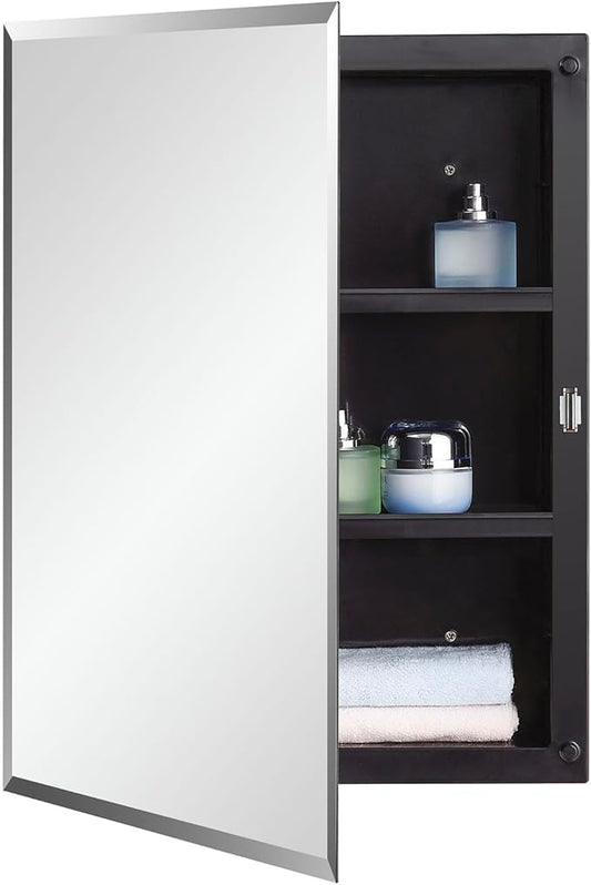 IDYLLOR Black Plastic Bathroom Medicine Mirror Cabinet Beveled Edge, 16 x 20 inch, Surface and Recessed Mount