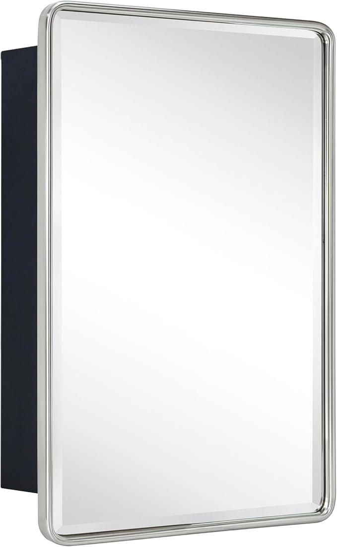 TEHOME Surface Mount 16x24 Brushed Nickel Bathroom Medicine Cabinet with Mirror Metal Framed Rounded Rectangle Medicine Cabinet with Beveled Mirror