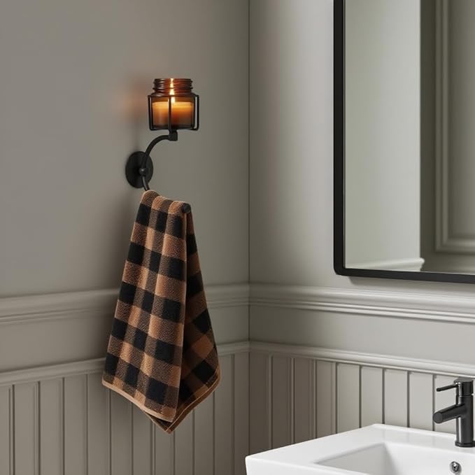 C-Shaped Towel Ring with Top Storage Basket Unique Space Saving Wall Mount Holder for Towels, Candles, Plants & Toiletries, Decorative Metal Accent for Bathroom or Kitchen