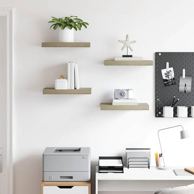 Set of 4 Floating Wall Shelves, Oak Finish Rectangular Display Ledge for Bedroom, Living Room, Modern Wall Mounted Storage Shelving Unit